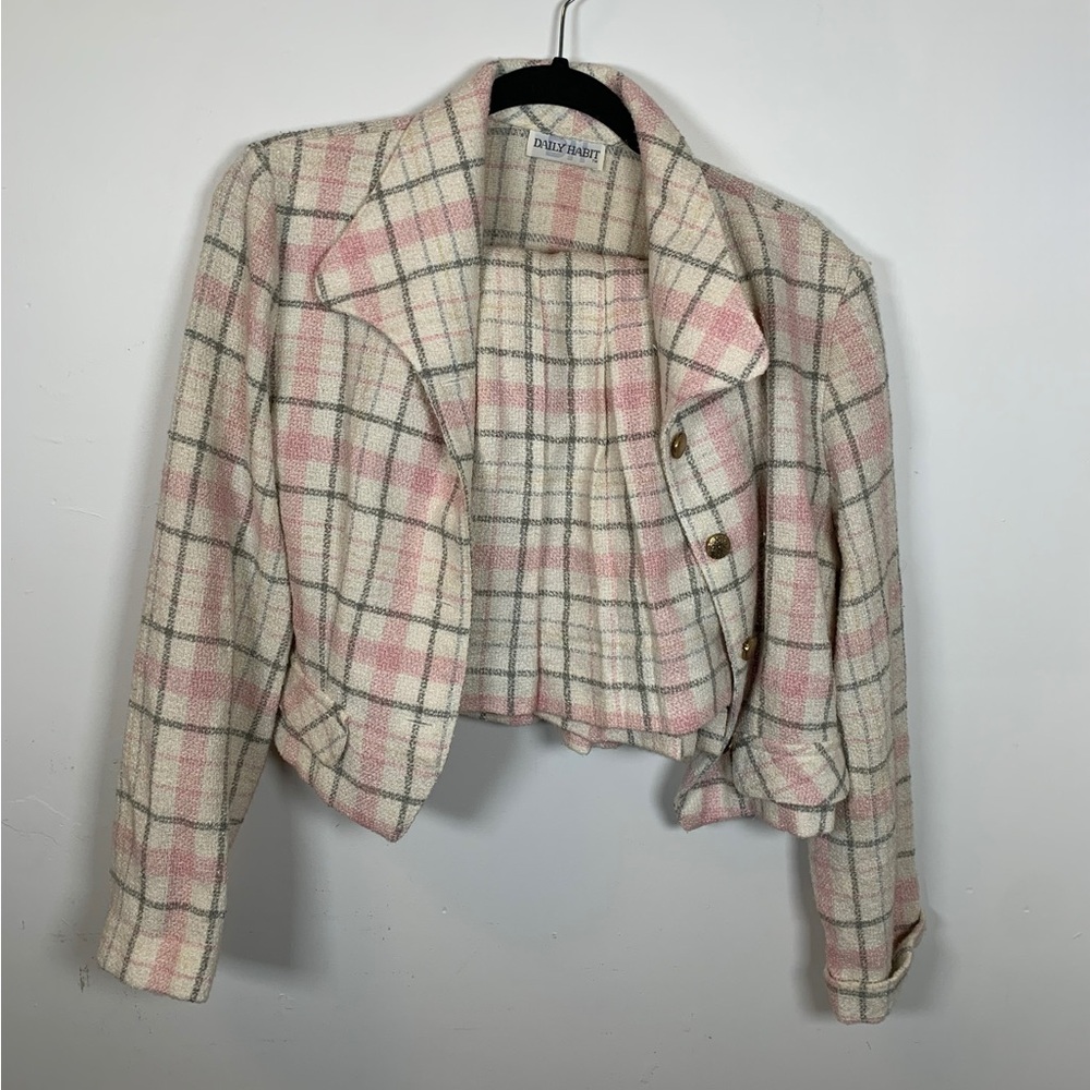 Vintage 90s Plaid Two Piece Skirt Suit Set - Pink Wool Blend - Daily Habit